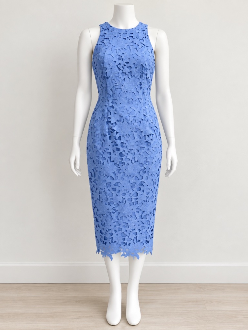 Antonio Melani Cornflower Blue Floral Lace Halter Midi Sheath Dress Size 4 NWT